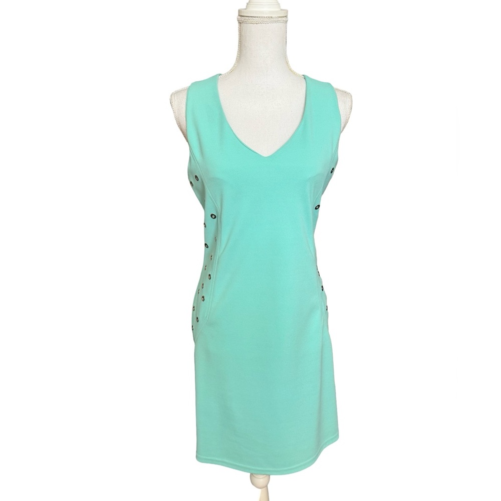 NWT Nana Baila Aqua Bodycon Mini Dress Cutout Back Stud Detail Medium
